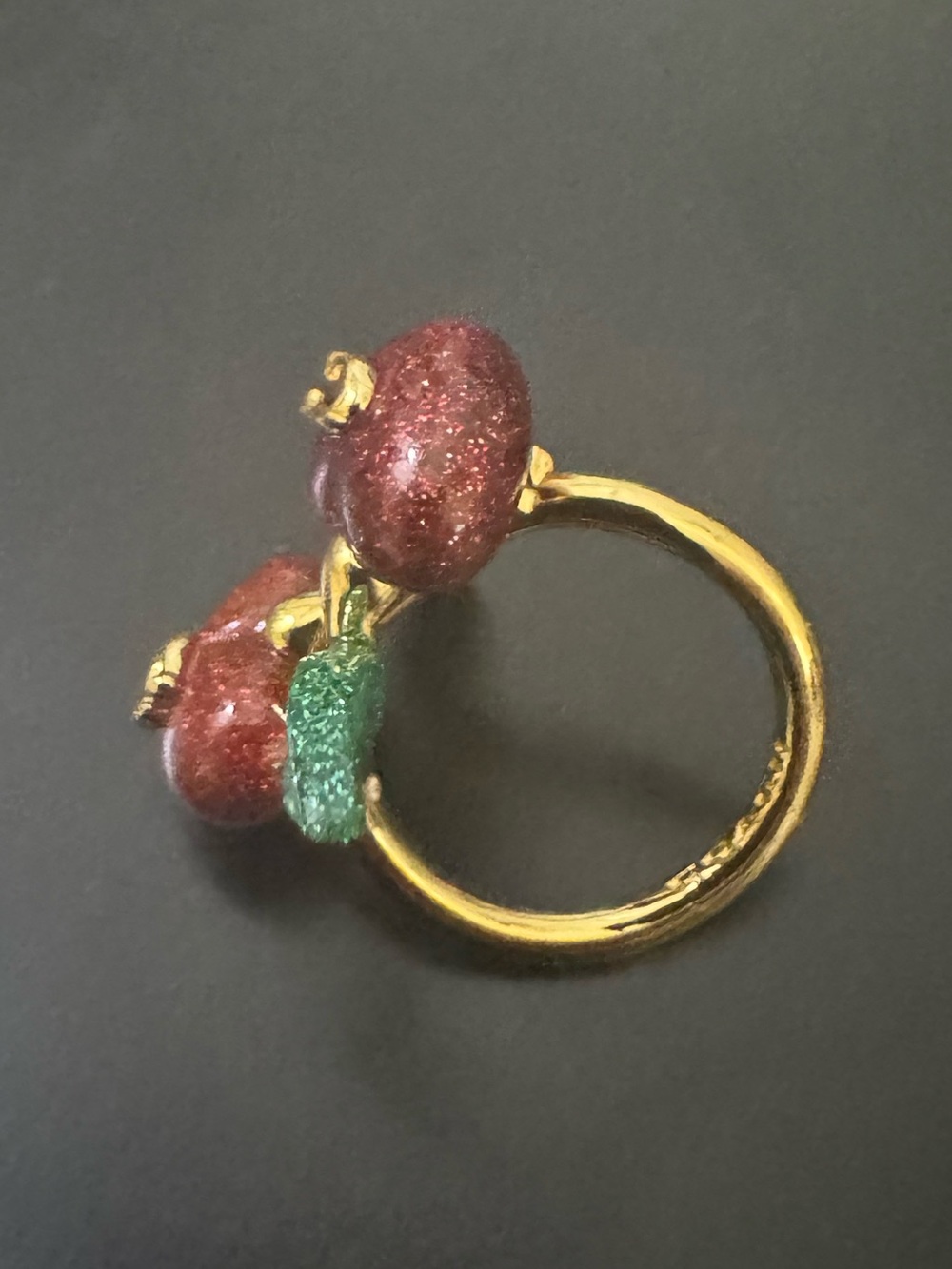 Coach Gold-tone Ring with Sparkling Red Heart Shaped Cherry Accents Size 7